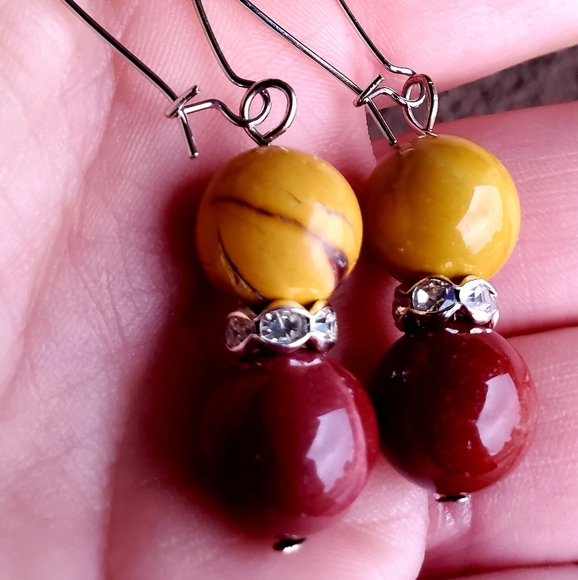 New Mookaite Jasper Round Ball & Rhinestone Earrings. - Picture 3 of 12